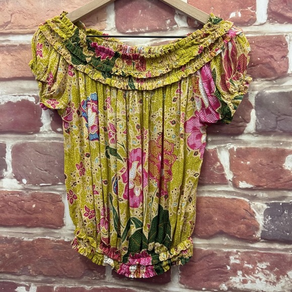 Free People Suki Top Women's S Yellow Multicolor Boho Floral Off Shoulder Shirt - Picture 3 of 9